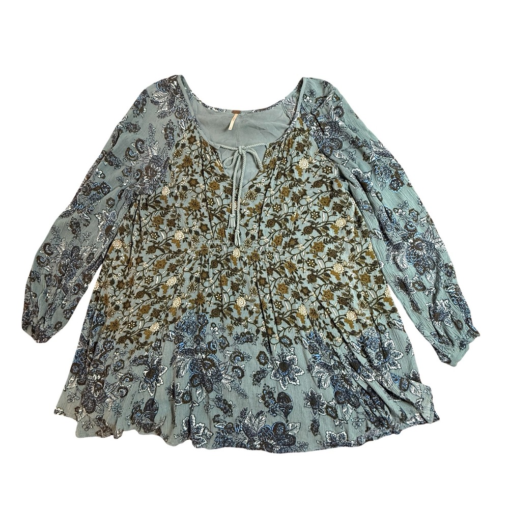 Free People Lucky Loosie Swing Dress Turquoise Blue Floral Boho Chic Tassels XS